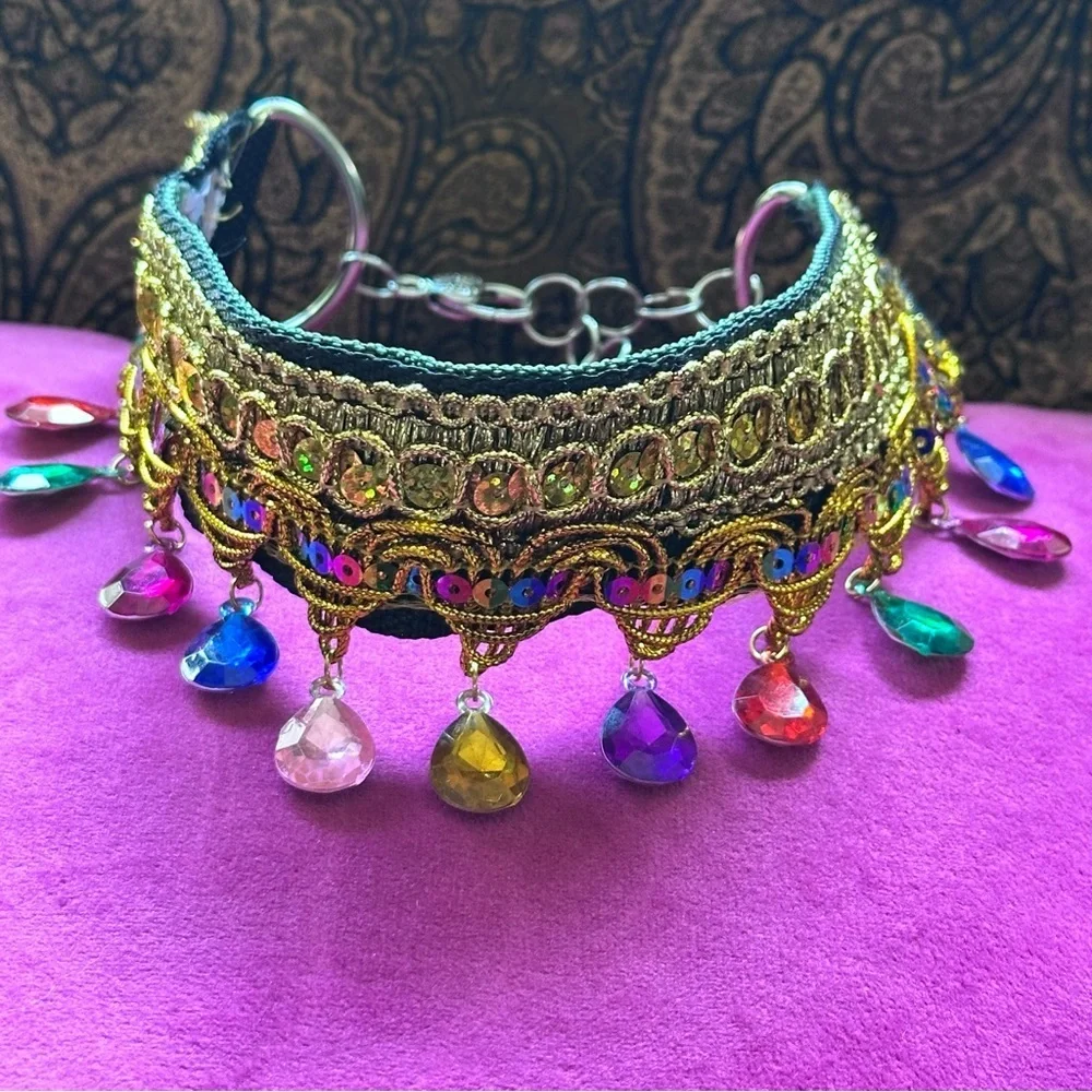Artisan Gold Choker Multicolor Acrylic Dangle Gem Moroccan Style Handmade Signed